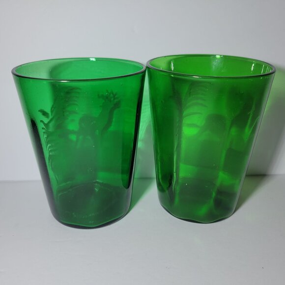Vintage Mary Gregory Green Glass Tumblers With White Deer Design Set Of 2 - Picture 6 of 8